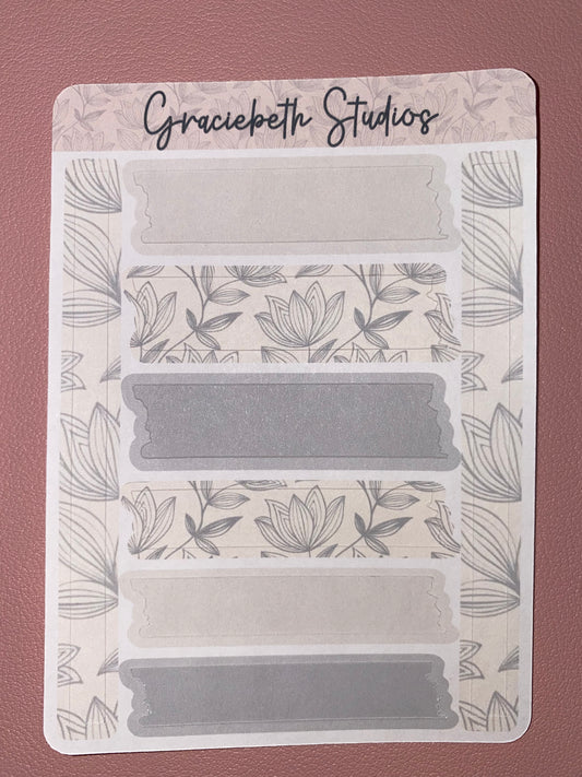 Faux Washi Sticker Set - Gray floral Sketch